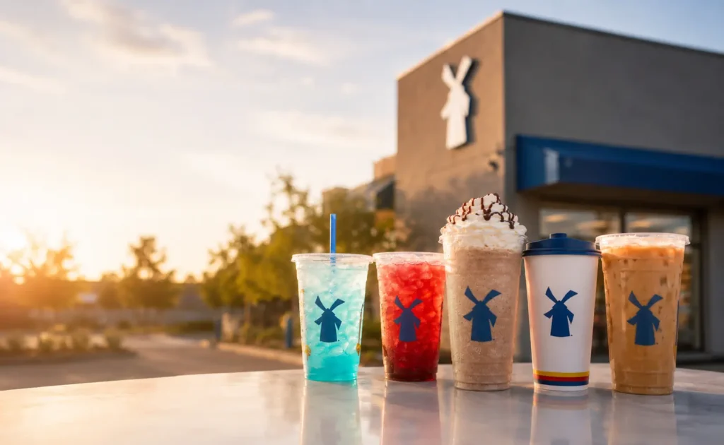 Dutch Bros secret menu drinks, including colorful iced beverages, blended coffee, hot coffee, and iced coffee displayed outside a café at sunset