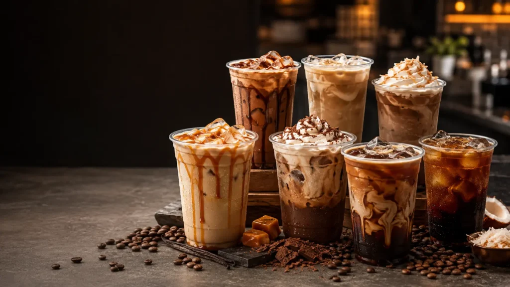 Premium website hero image featuring seven iced coffee...